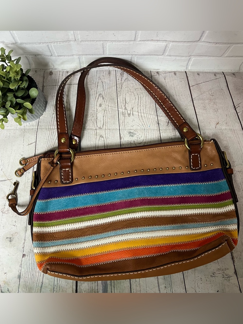 Vintage FOSSIL Genuine Leather & Suede Multi Color Block Shoulder Bag 75082
